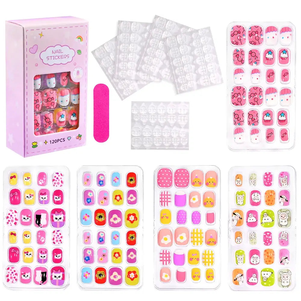 KawaiiKidz Kids Cartoon Press On Nails Acrylic Full Cover Short False Nails Safe Easy To Apply Jelly Glue 120Pcs