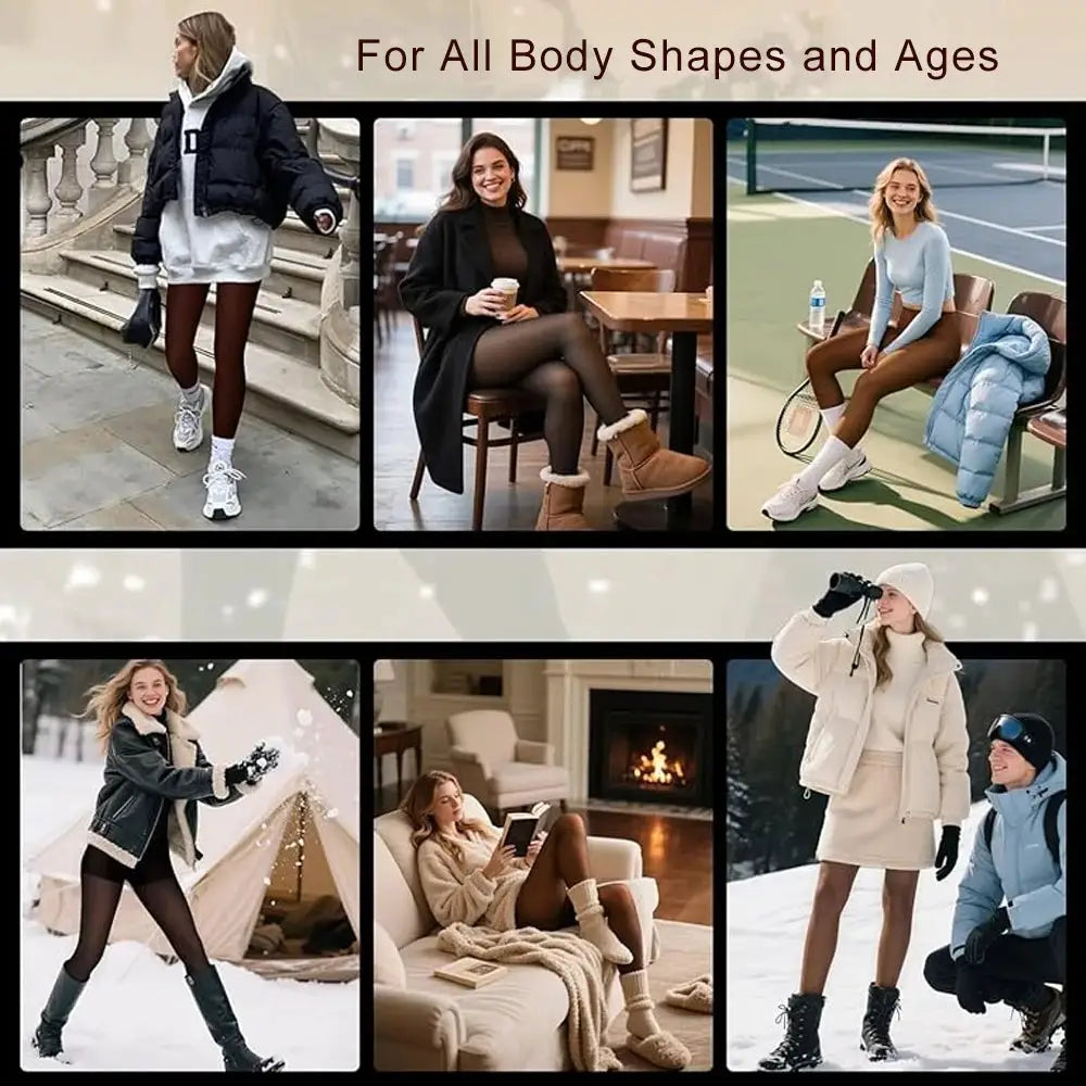 Simples Market fleece-lined shaping tights, thermal black pantyhose for plus size; 6 lifestyle images