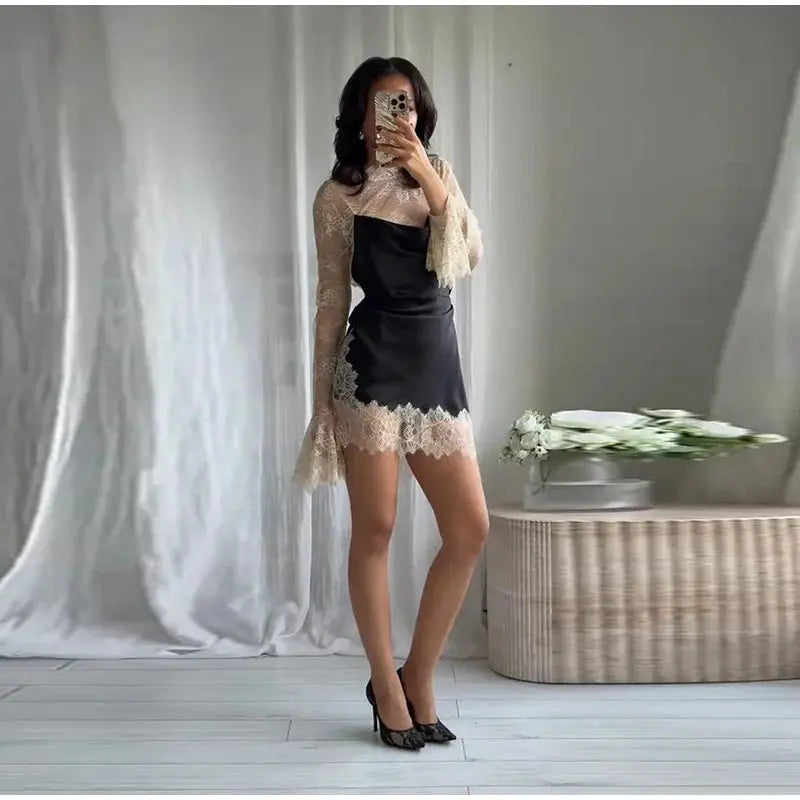 Elegant Satin Dress With Lace Trim For Women High Neck Color Block Y2K