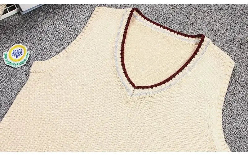 Cream men's knitted sleeveless sweater vest with a thick V-neck and brown/blue striped trim.