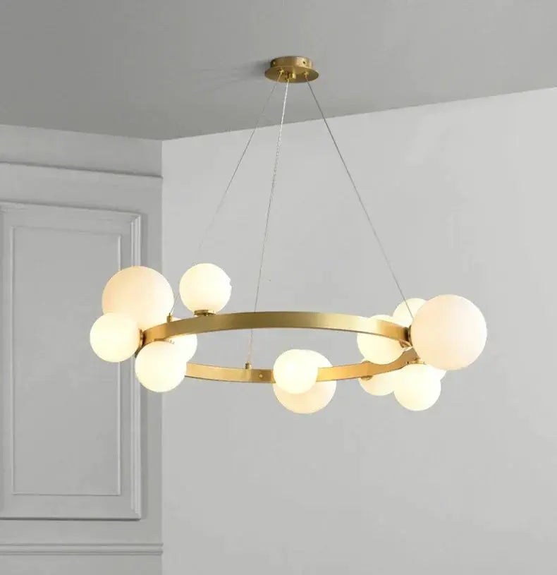 Simple chandeliers hanging lamp; gold ring with frosted globe bulbs, adjustable cord