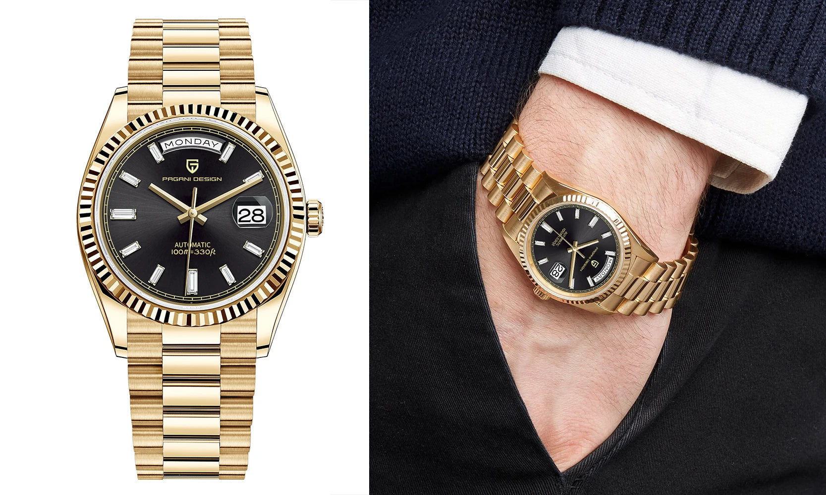 Pagani Design DD36 gold-tone men's wristwatch with black dial and date window, shown on a wrist