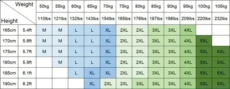 Men's hooded winter jacket size chart by Simples Market; weight and height grid with recommended sizes.