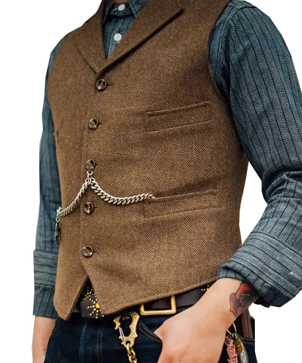 Brown wool tweed men's waistcoat vest with watch chain detail over teal ribbed shirt.