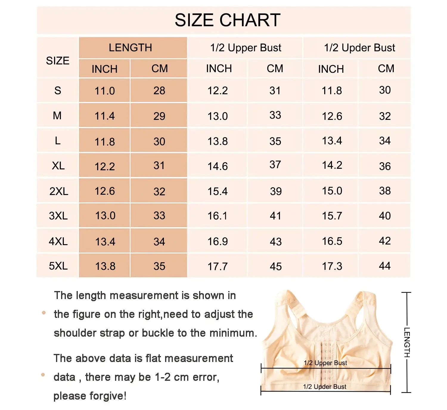 Simples Market large-size bra size chart showing S–5XL measurements with a beige bralette image
