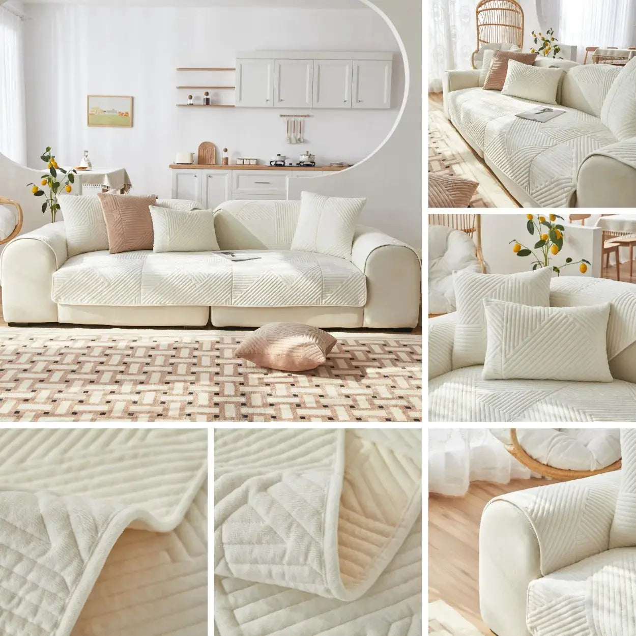 Crystal Velvet Sofa Cover by Simples Market; ivory quilted, non-slip couch protector for living room.