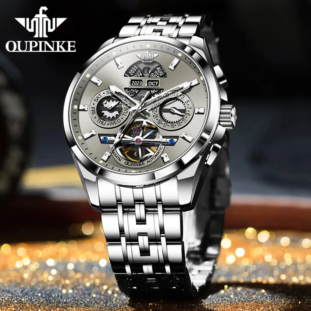 OUPINKE 3251 men's skeleton automatic watch with auto date and stainless steel bracelet