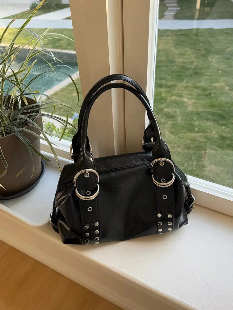 Shoulder bag black PU leather rivet detailing with double handles and silver hardware