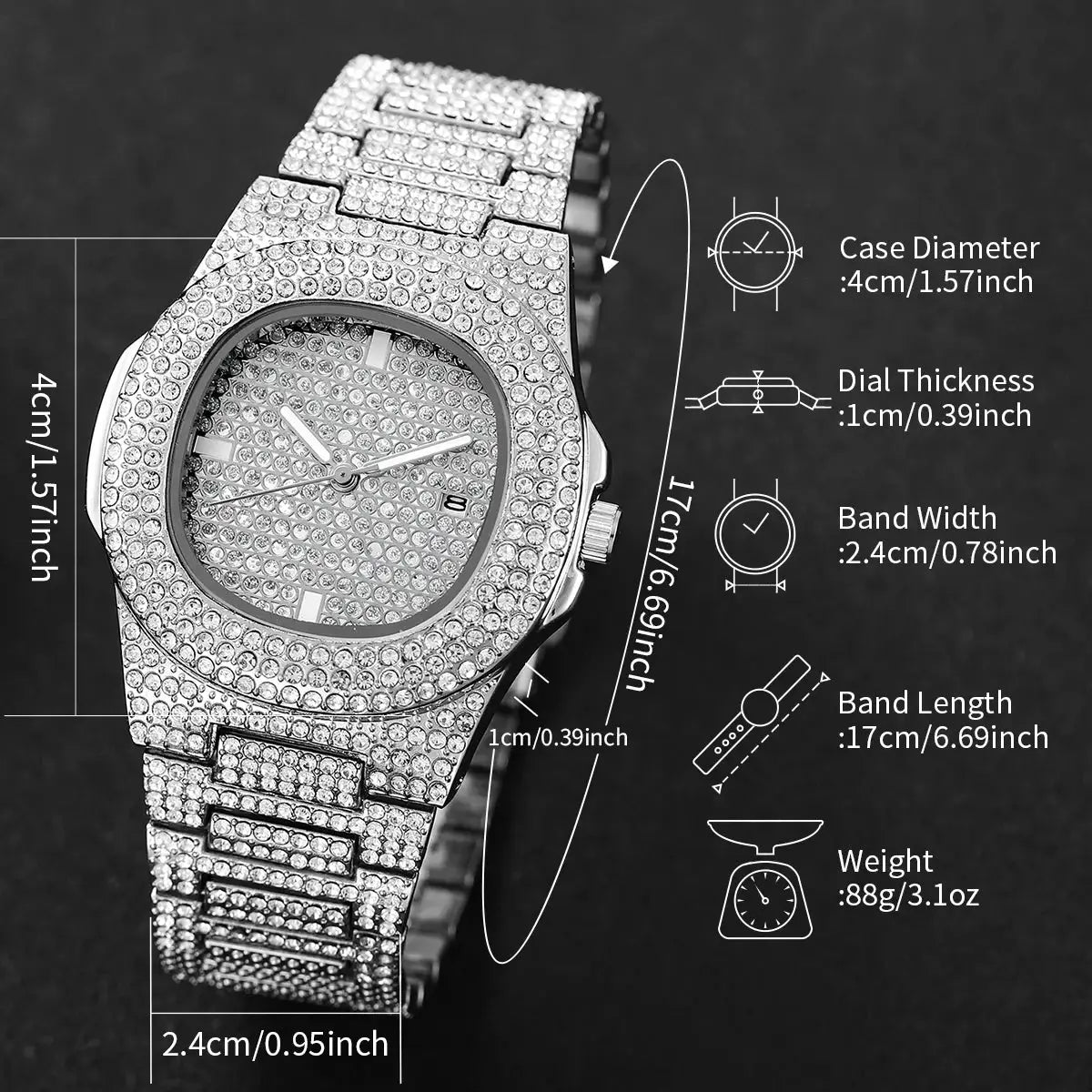 Luxury full-diamond men's stainless steel wristwatch with calendar, Simples Market, silver-tone