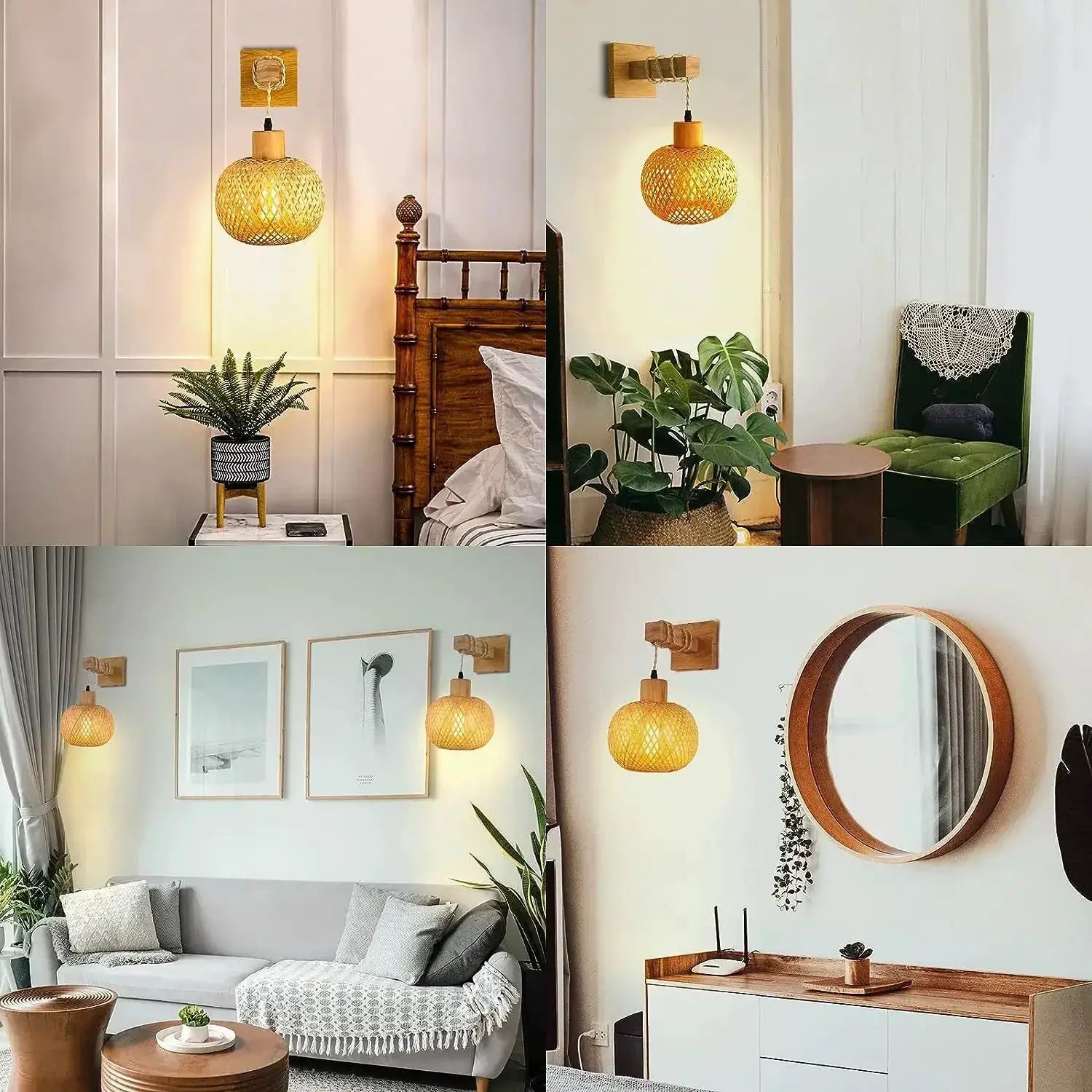 Bamboo lantern wall lamp with handwoven rattan shade, natural finish, wall-mounted E27 chandelier fixture.