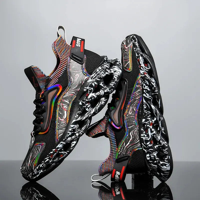 2 Simples Market men's sneakers, black breathable running shoes with colorful graffiti pattern and chunky soles