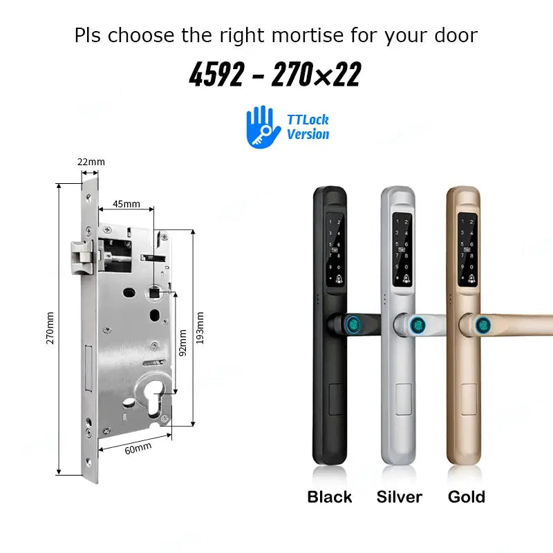 Simples Market smart door lock with TTLock fingerprint, Bluetooth and RFID; 92/85mm, aluminum/glass, Black Silver Gold