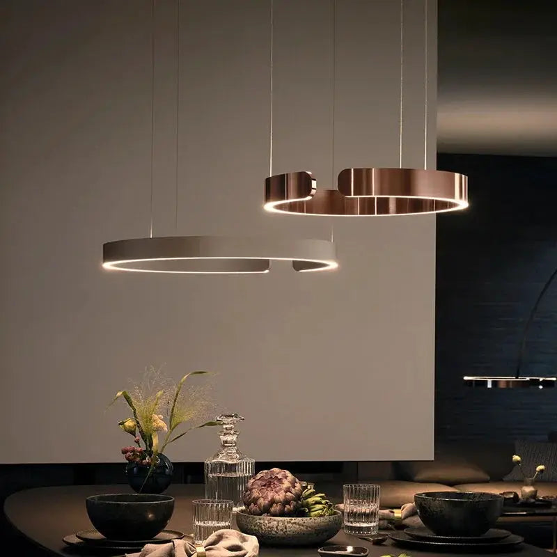 Nordic Ring LED pendant lamps, copper and white circular hanging lights, 2-piece set