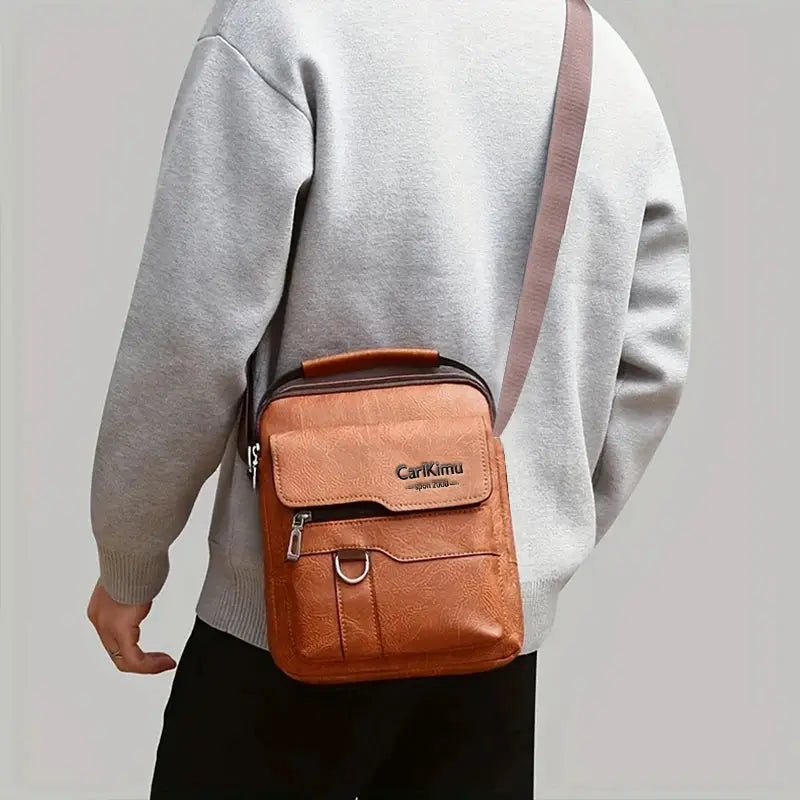 Simples Market PU leather messenger bag in brown, vintage style for men's everyday use with front pocket