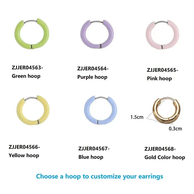 Cartoon animal hoop earrings set by Simples Market: six pastel color hoops in green, purple, pink, yellow, blue and gold-tone.