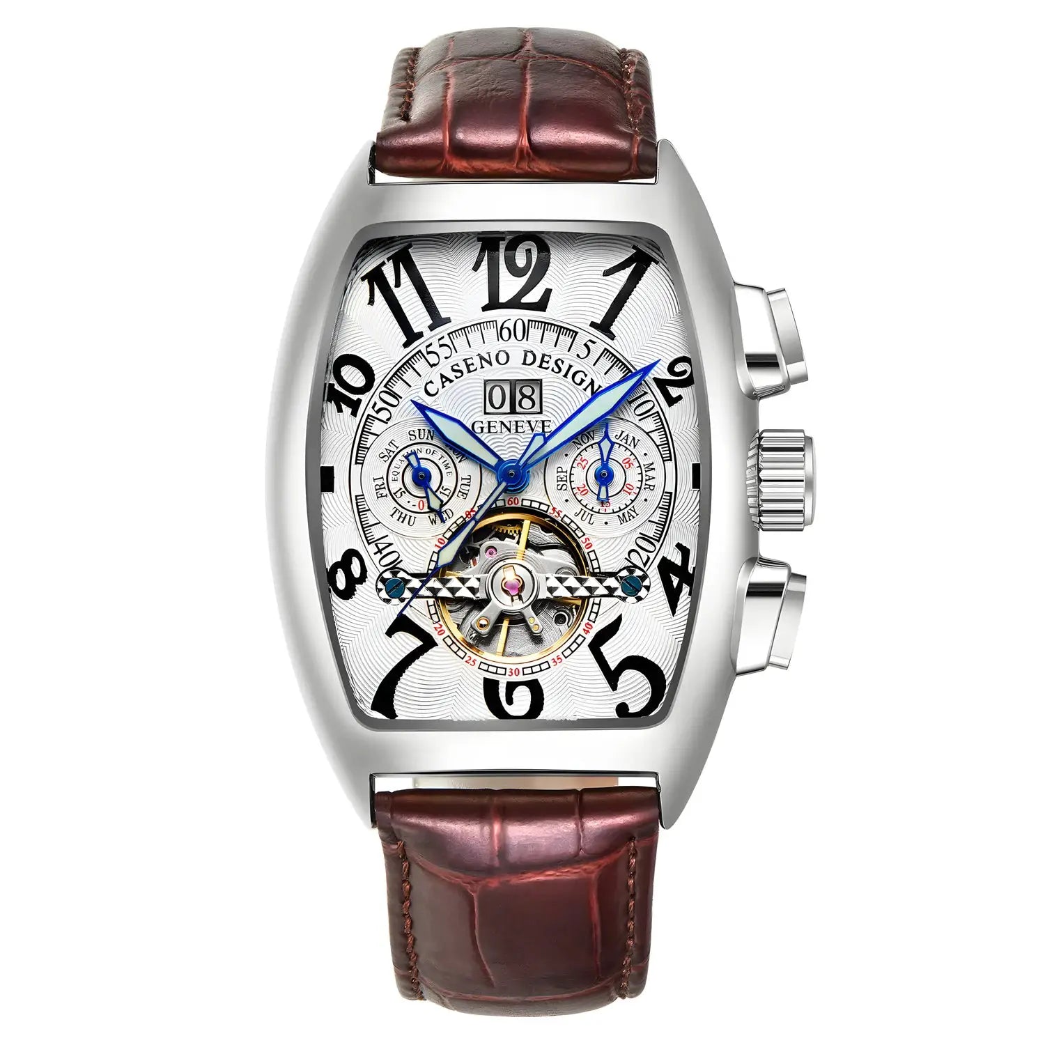 CASENO skeleton tourbillon watch for men, blue hands, calendar date window, brown leather strap, silver tonneau case
