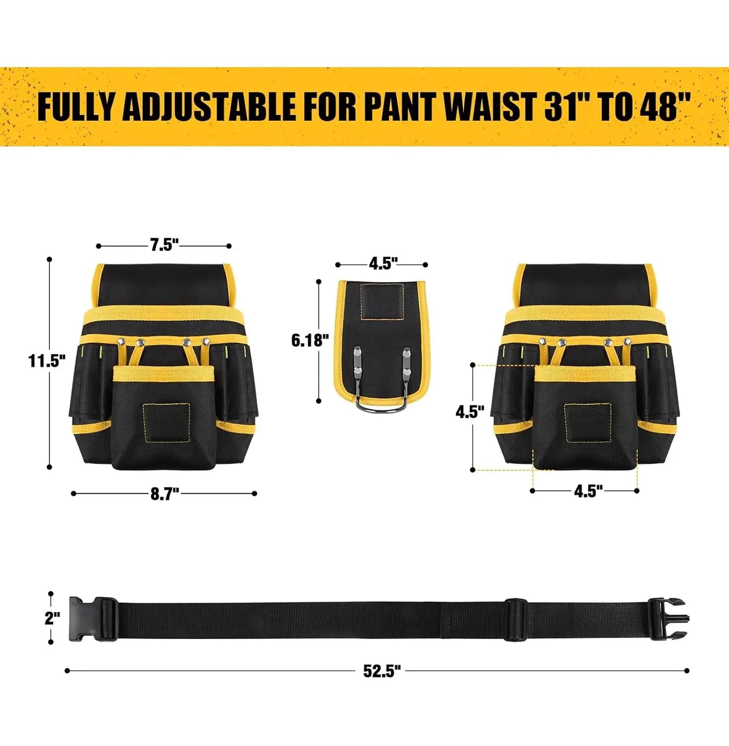 Simples Market tool belt bag with adjustable waist belt and detachable pouches, black and yellow pockets