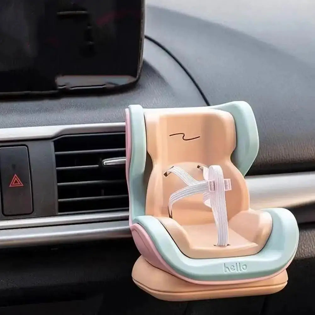 Car doll safety seat for 17cm dolls; pastel peach with light blue trim and white harness by Simples Market
