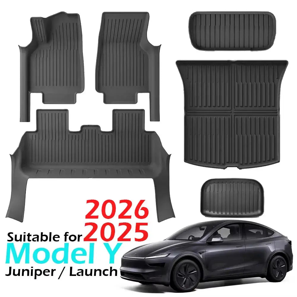 Floor mats set for Tesla Model Y Juniper 2025–2026 by Simples Market; black all-weather rubber with cargo liner.