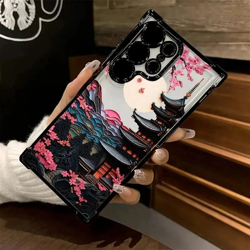 Samsung Galaxy airbag phone case in clear with black bumper, Japanese-Style Ancient House pagoda scene