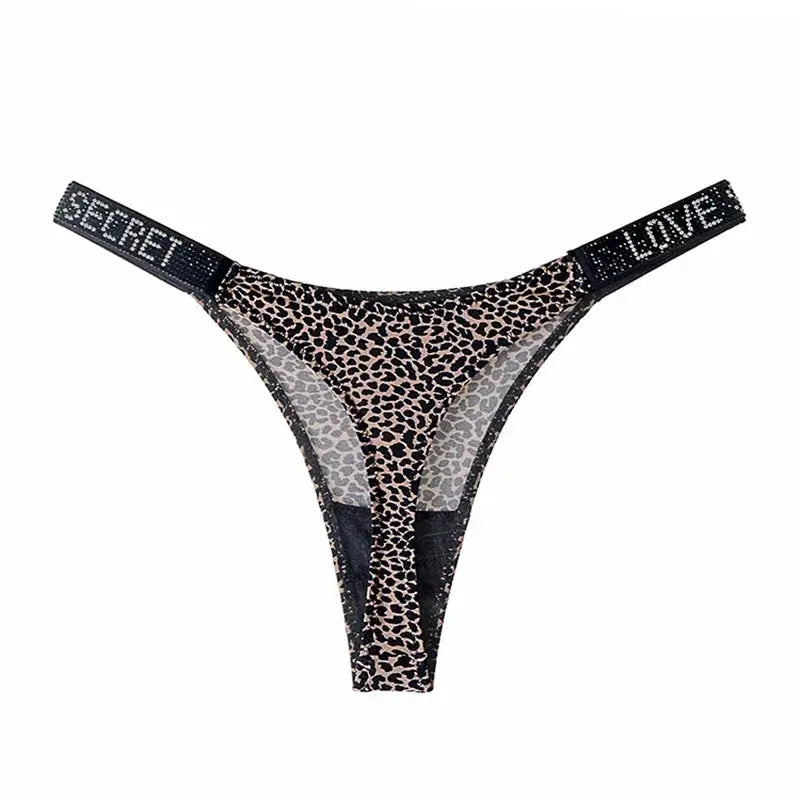 Leopard print low-waist thong with rhinestone-embellished black waistband and sheer panels