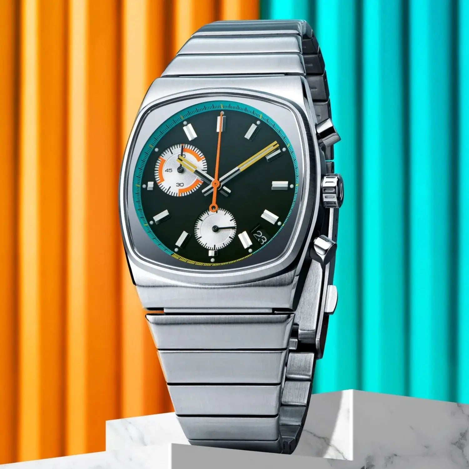 CILOA square men's wristwatch, stainless steel band, orange hands