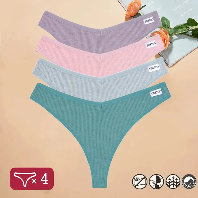 4-pack Simples Market waffle cotton thong panties, V-waist, solid colors purple pink light blue teal.