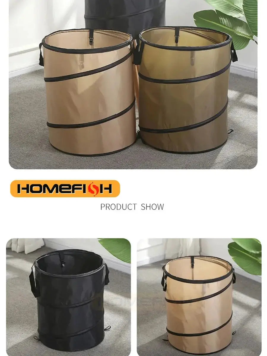 Simples Market pop-up trash can; outdoor folding waste bin for camping and gardening, beige/tan with black bands (3 shown)