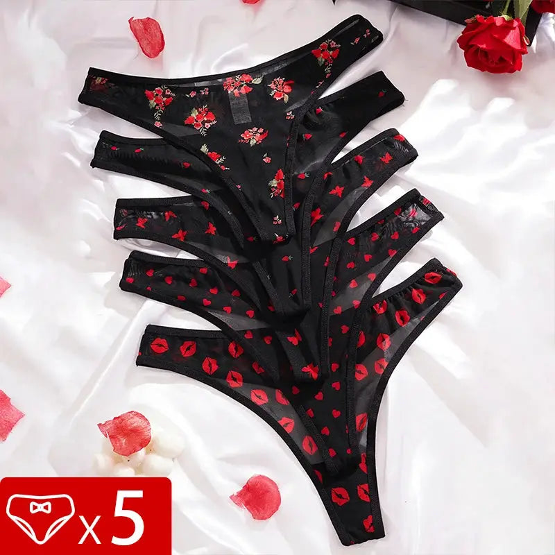 LaceAura 5 Piece Print Design Sexy Women Thongs Breathable Comfortable Low Rise G String Underwear Pack