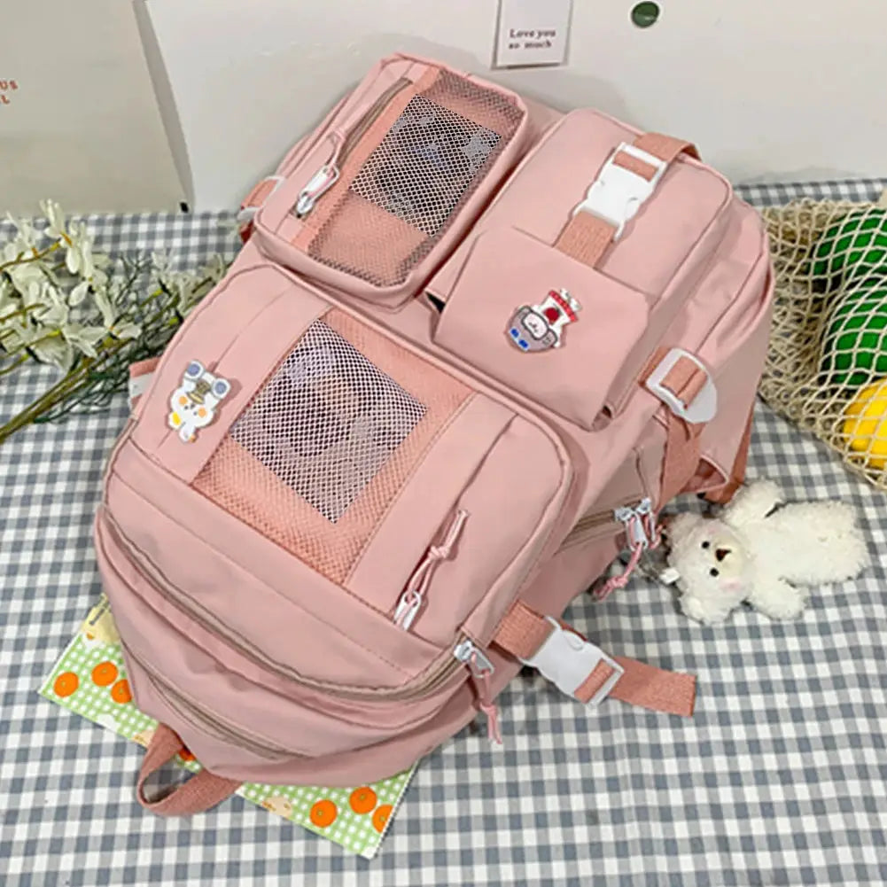 Simples Market pink school backpack with mesh pockets, multiple compartments, and lightweight design