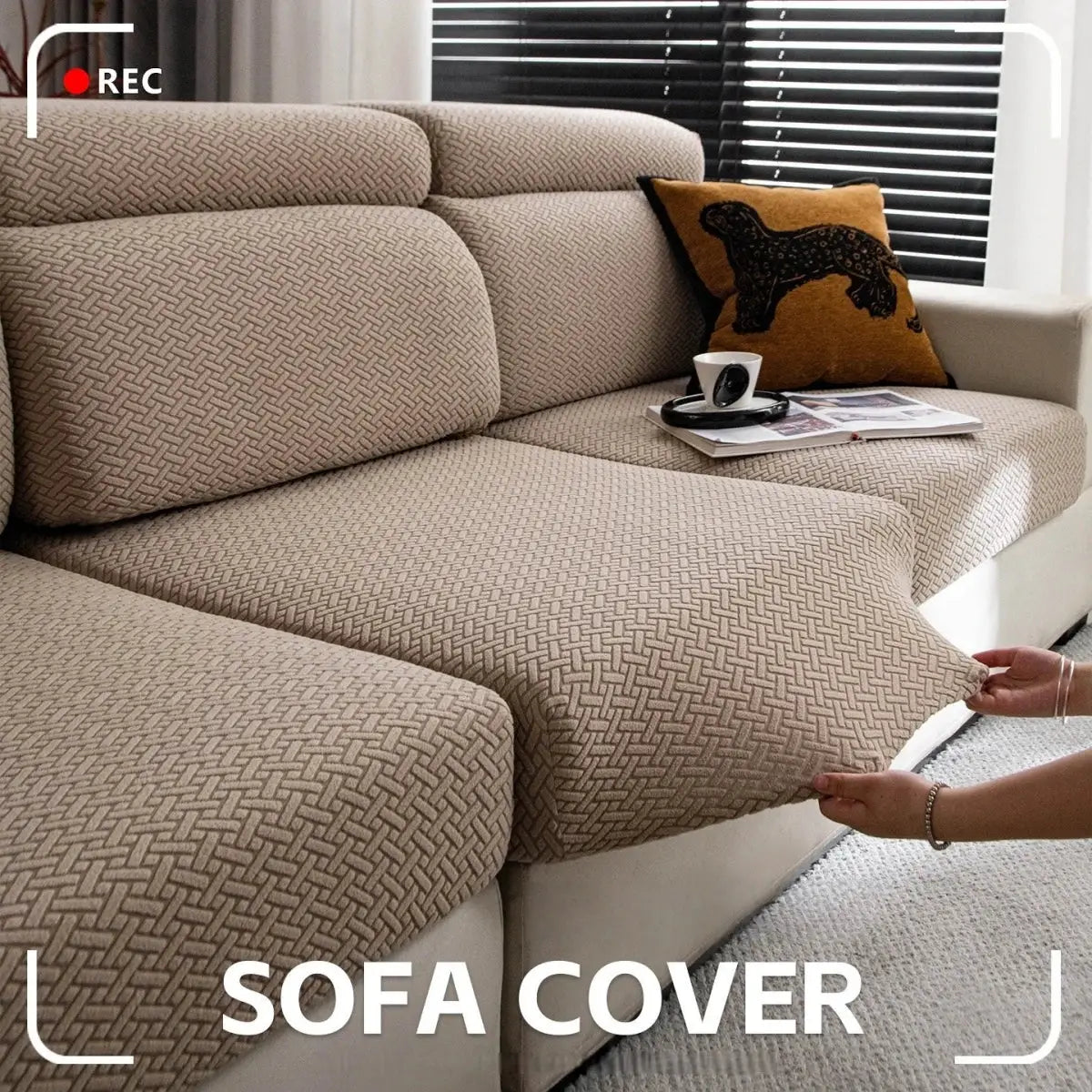 Stretchy polar fleece sofa cover in beige geometric-knit fabric with elastic universal fit for 1-4 seat sofas
