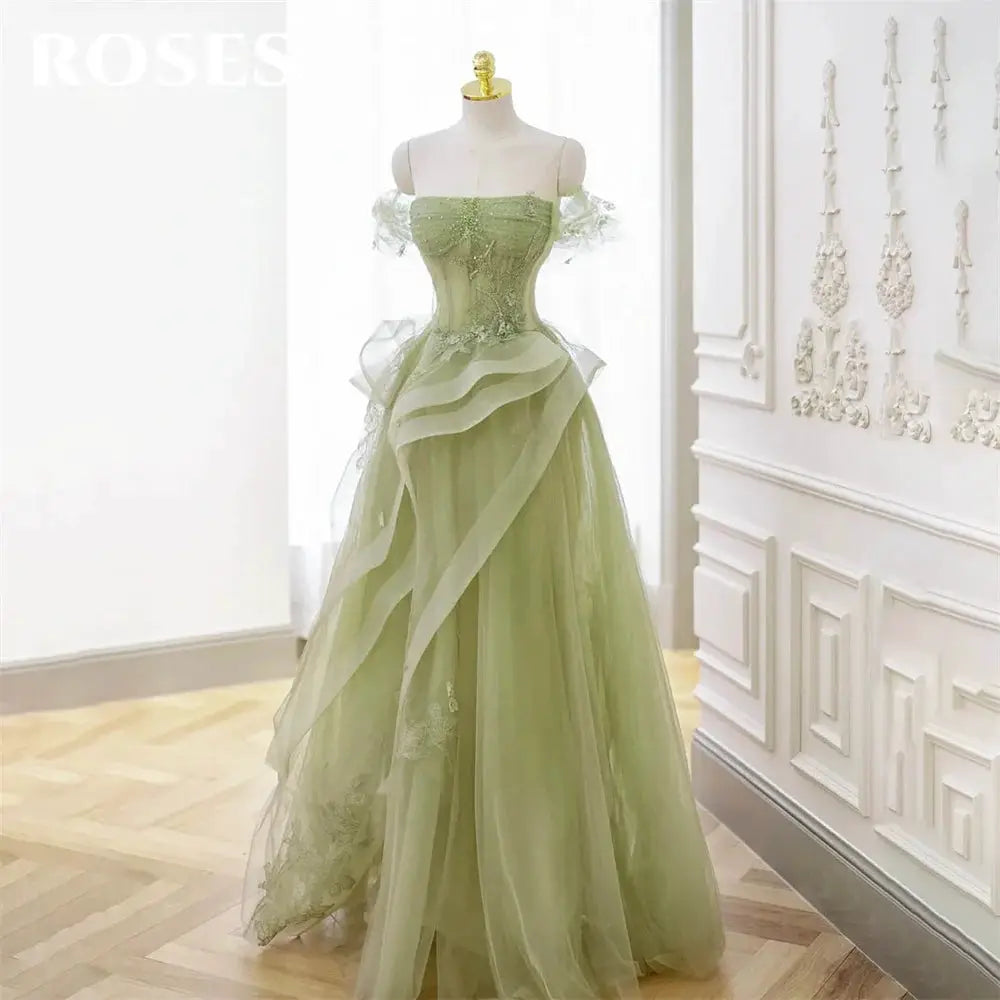 Roses Sage Green Prom Dress Appliques Tulle Tiered Pleats Sweetheart