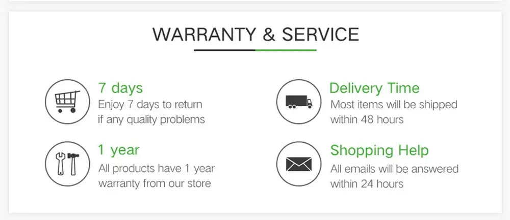 RED STAR watch Simples Market warranty & service infographic: 7-day returns, 1-year warranty, 48h shipping, 24h support