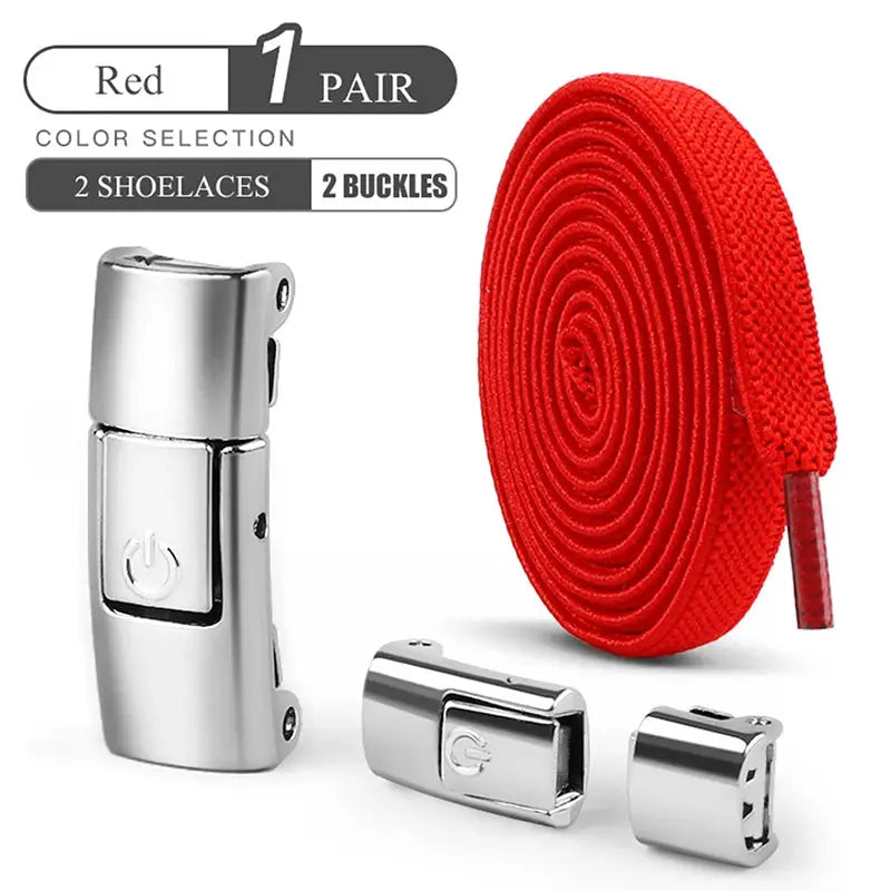 Simples Market 8mm no-tie elastic shoe laces in red with press-lock buckles for sneakers, 2 buckles.