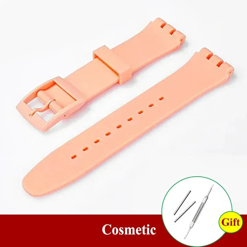 Swatch-compatible pink soft silicone watch strap set; two-piece replacement bands for 16–20mm watches