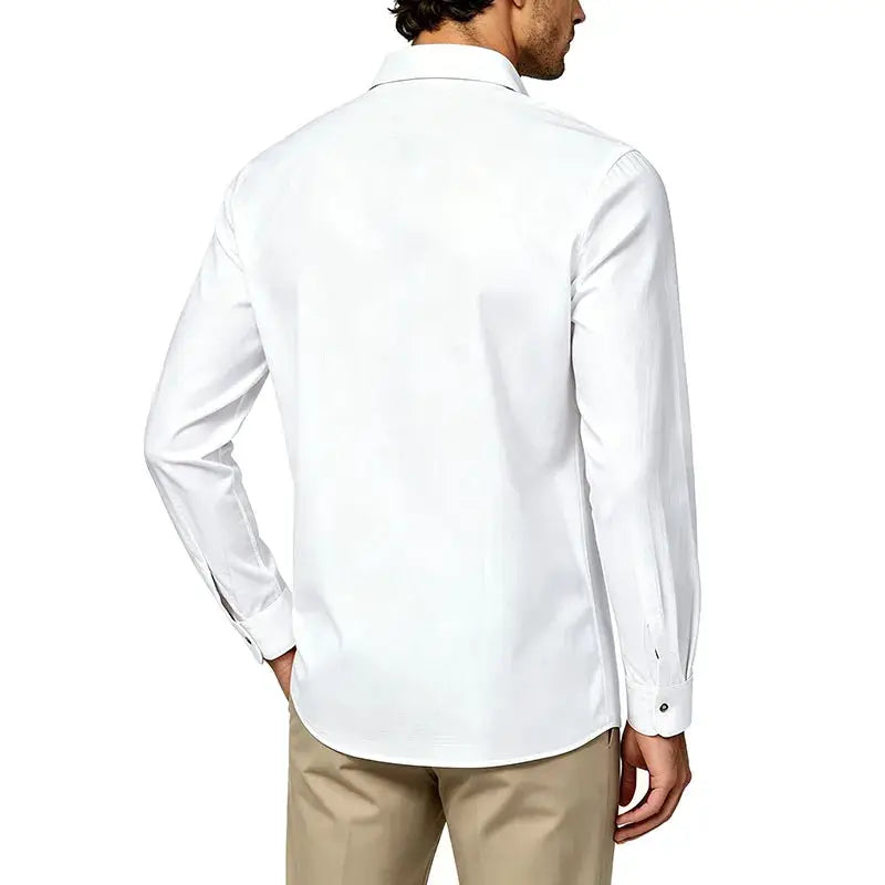 Men's white long-sleeve casual shirt with collar, back view