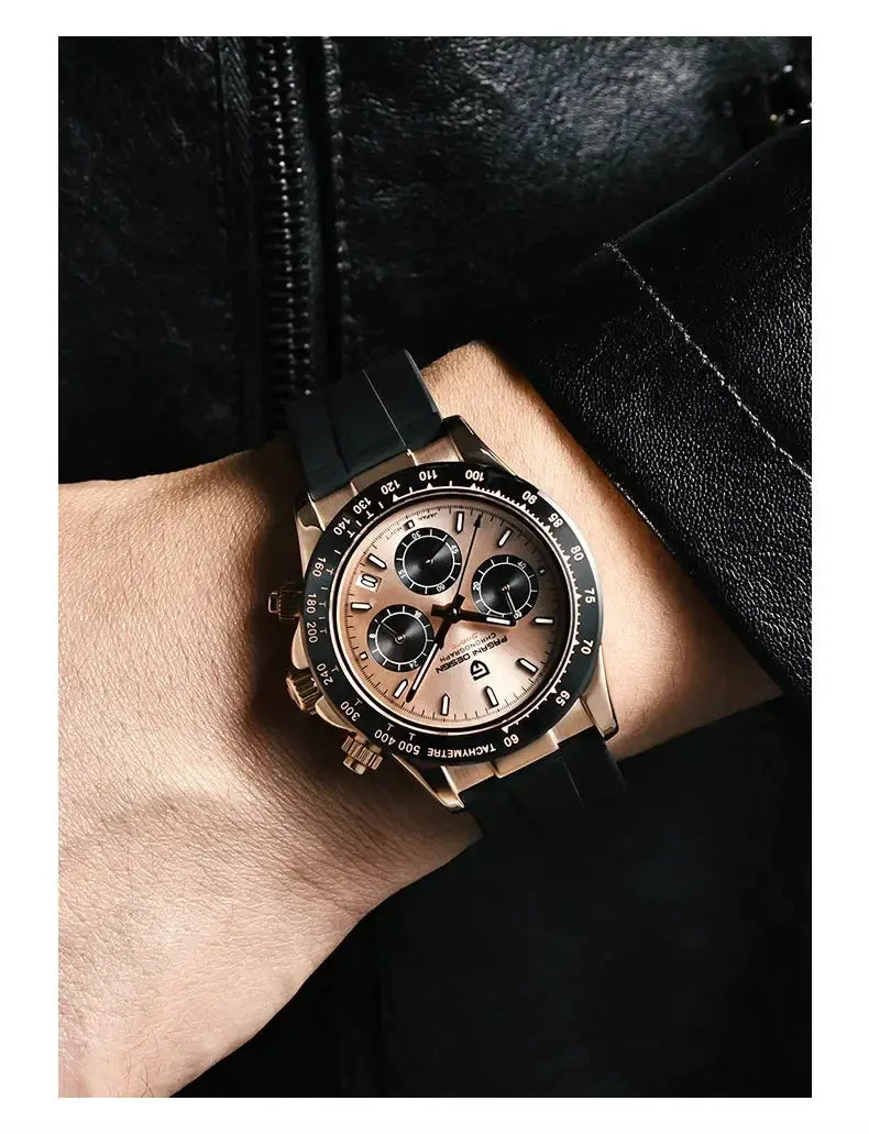 Pagani Design 40mm V2 men's chronograph watch, rose-gold-tone case, black bezel, black silicone strap