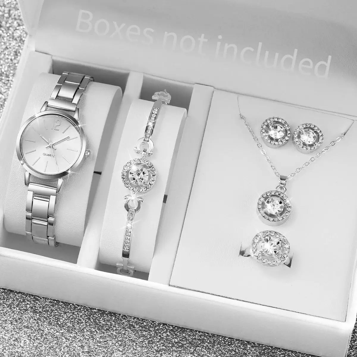 6-piece silver-tone women's quartz watch set with stainless band and crystal jewelry: bracelet, necklace, earrings