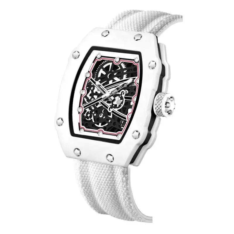 Simples Market men's white tonneau skeleton quartz watch with transparent dial and nylon strap