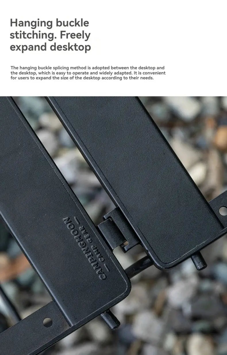 CampingMoon CK-25BK-1PIGT black metal camping table hinge close-up with CAMPINGMOON embossing