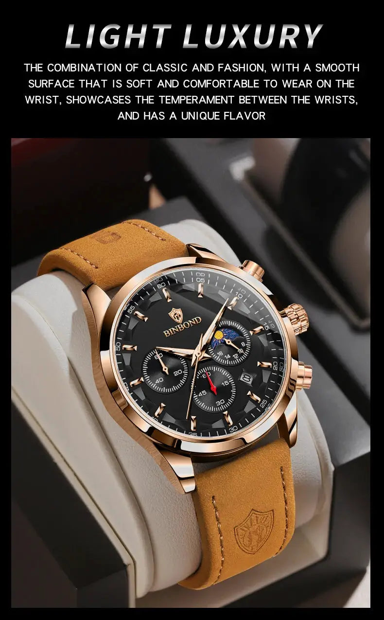 Binbond luxury men's watch with rose-gold case, black chronograph dial, tan leather strap, waterproof, date function