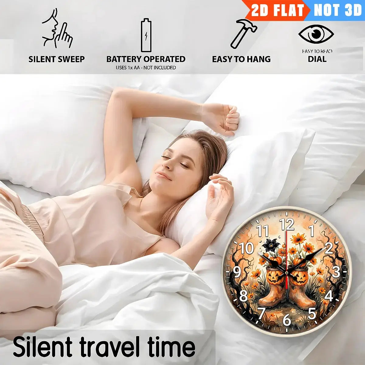 Round wall clock featuring pumpkin head rain boots design, 10-inch, silent battery-powered, Simples Market clock