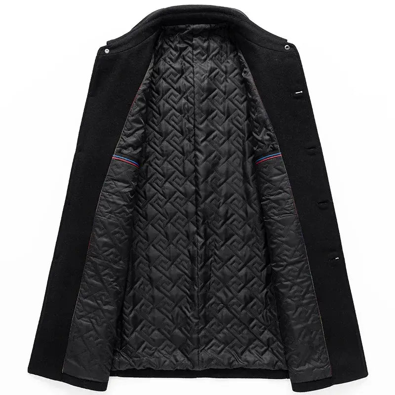 Men's black wool-blend cashmere trench coat with quilted lining; long winter coat.