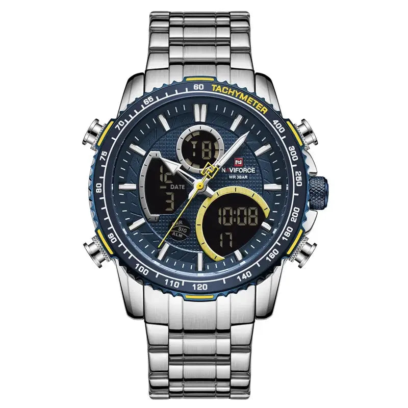 Naviforce men's chronograph sport watch with stainless steel band and blue dial