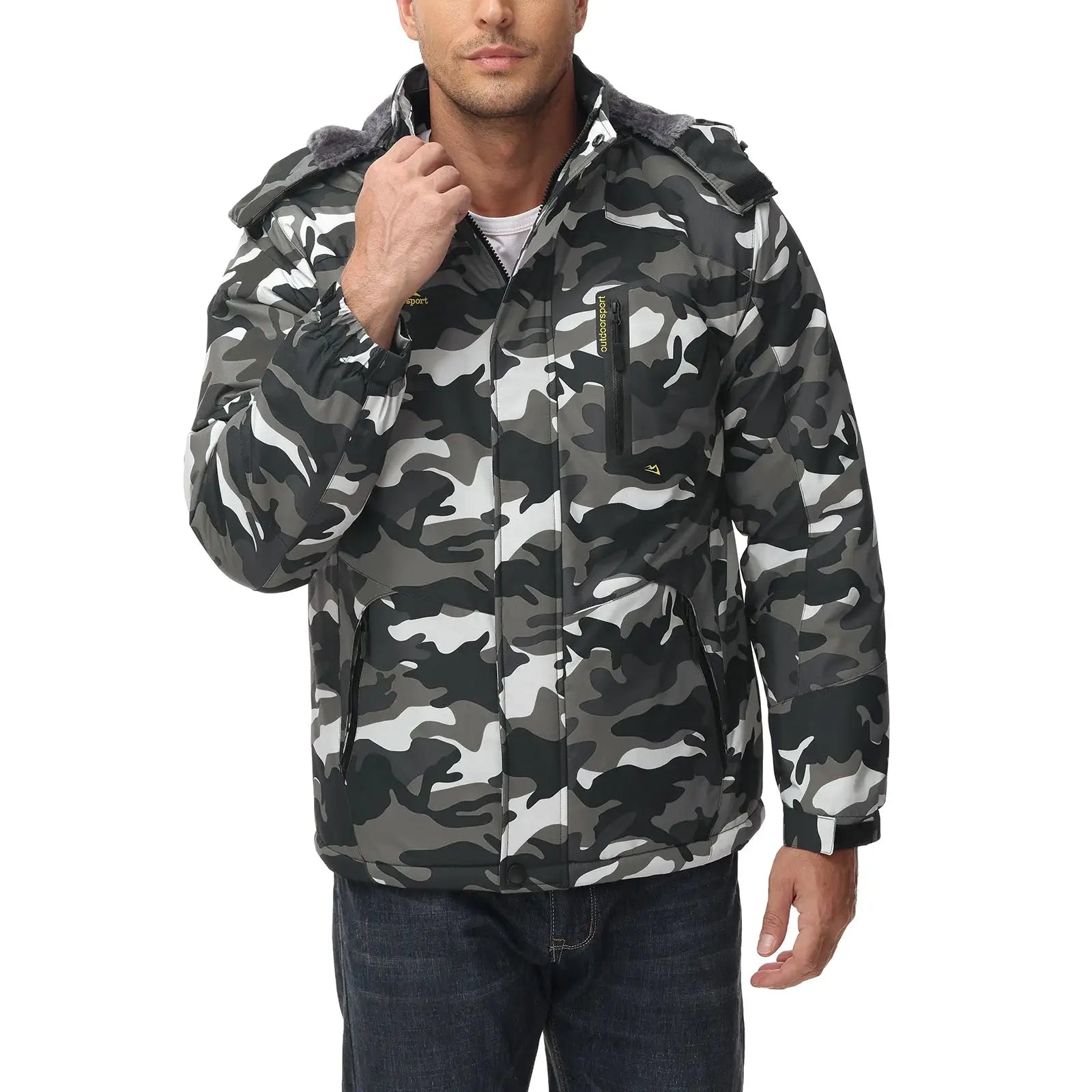 KEFITEVD men's camouflage waterproof ski jacket with faux fur-lined hood and vertical chest zip pocket