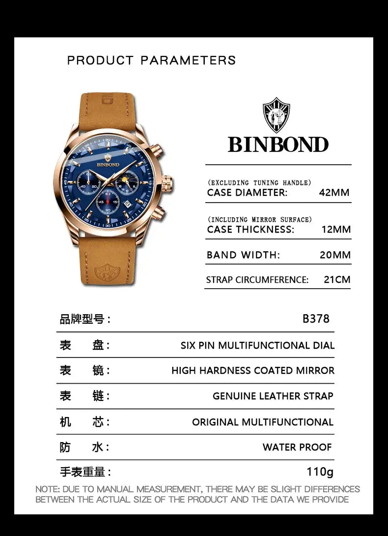 BINBOND men's wristwatch with blue dial, rose-gold case, tan leather strap.