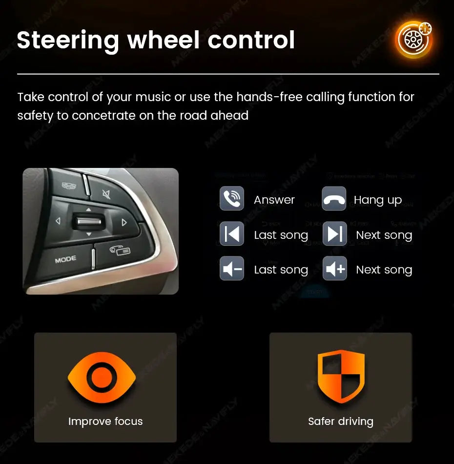 MEKEDE 6.86-inch 1DIN car stereo with CarPlay/Android Auto; steering wheel control demo with hands-free phone icons