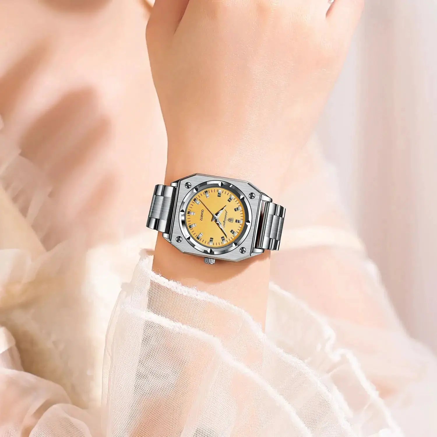 POEDAGAR ladies wristwatch with stainless steel bracelet and case, yellow dial, luminous hands, waterproof.