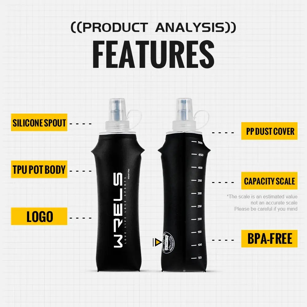 WRELS Soft Flask TPU bottle set, 2x ultralight collapsible BPA-free, black