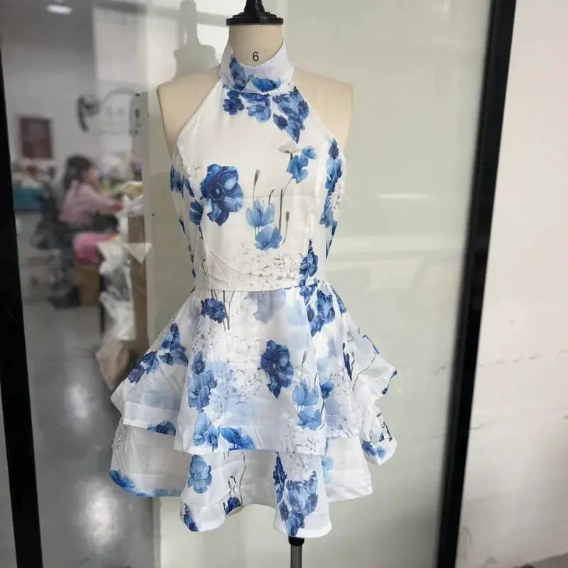 Floral Printed Backless Mini Dress Sleeveless A Line Party Clubwear